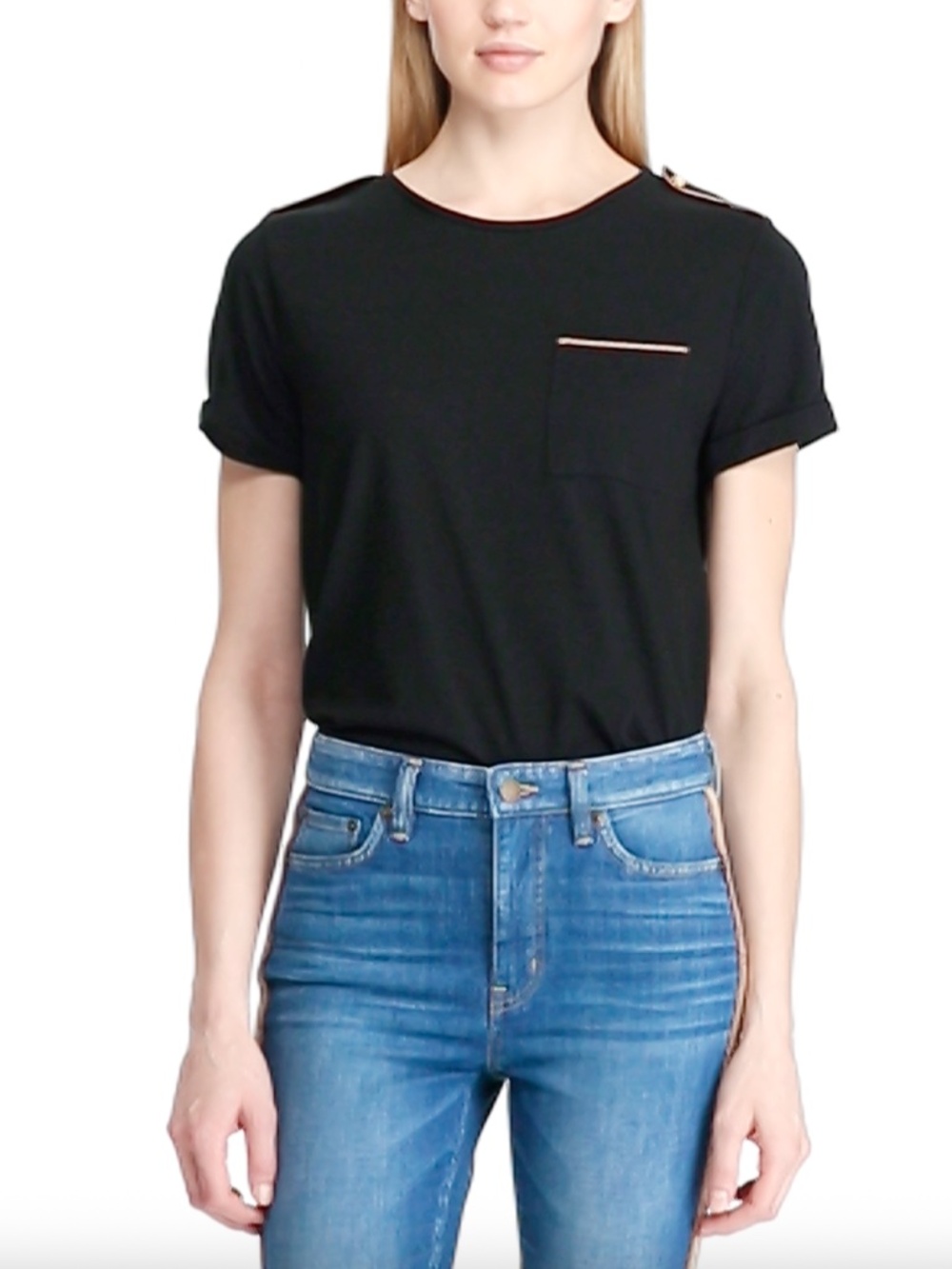 Lauren Ralph Lauren black cotton-modal pocket tee with epaulettes M